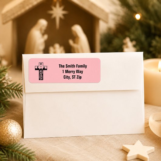 Étiquette Joyeux Noël Nativité Croix Rose