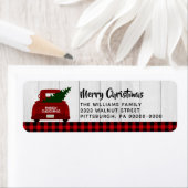 Étiquette Joyeux Noël Red Trucand Arbre Rouge Plaid (En situation)