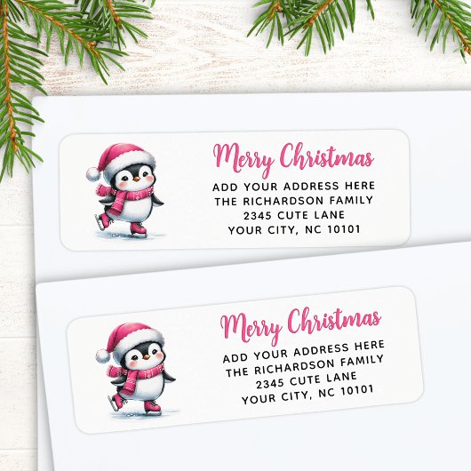 Étiquette Joyeux Noël rose mignon Patinage sur glace Pingoui