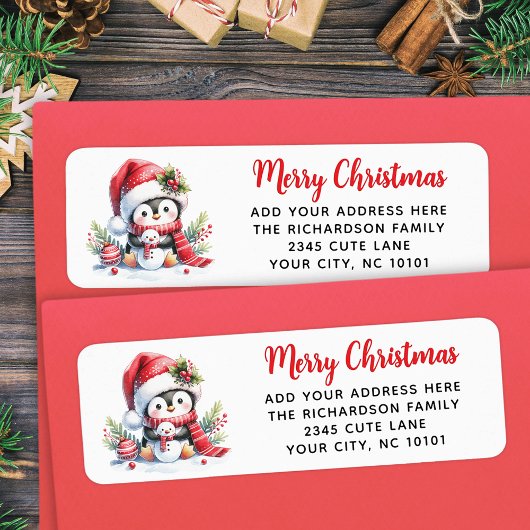 Étiquette Joyeux Noël Rouge blanc mignon Pingouin personnali