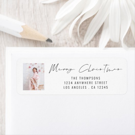 Étiquette Joyeux Noël Script Photo Retour Adresse (En situation)