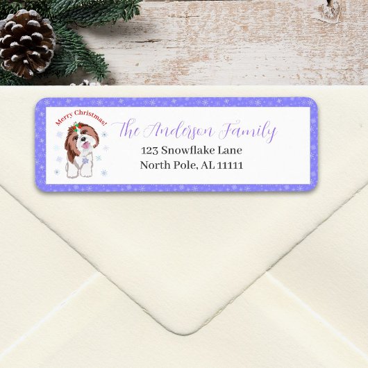 Étiquette Joyeux Noël Shih Tzu avec flocon d'adresse