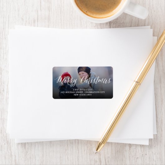 Étiquette Joyeux Noël Simple Blanc Script Retourner Adresse (En situation)