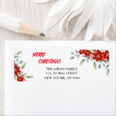 Étiquette Joyeux Noël Simple Rouge Poinsettia Floral (En situation)