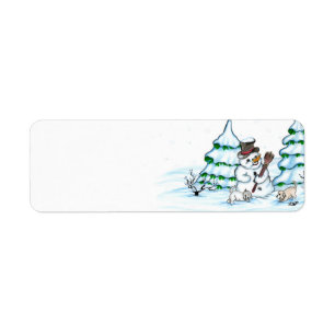 Étiquette Joyeux Noël ! Snowman avec chat et chiot