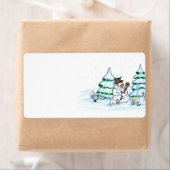 Étiquette Joyeux Noël ! Snowman avec chat et chiot (En situation)