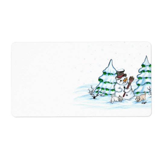 Étiquette Joyeux Noël ! Snowman avec chat et chiot (Devant)