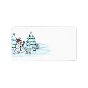 Étiquette Joyeux Noël ! Snowman avec chat et chiot