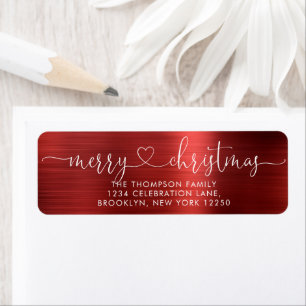 Étiquette Joyeux Noël tendance Script Coeur Metallic Rouge