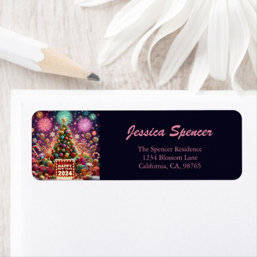 Étiquette Joyeux Nouvel An 2024 Arbre de Noël Adresse de ret (En situation)