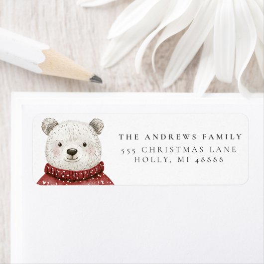 Étiquette Joyeux Ours de Noël dans un pull (En situation)