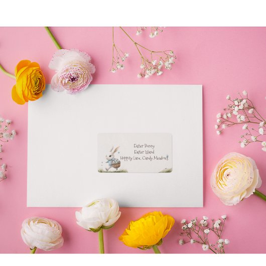 Étiquette Joyeux pâques, lapin de Pâques marchant avec des o