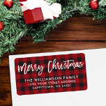 Étiquette Joyeux script de brasseries Christmas Red Plaid Ad<br><div class="desc">Script moderne de brosse,  Joyeux Noël Plaid de Red Buffalo Adresse Étiquettes</div>