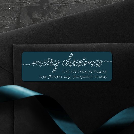 Étiquette Joyeux script de Noël | Moody Dark Turquoise Addre