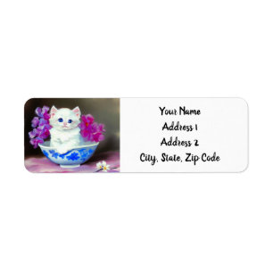 Étiquette Kitten blanc vintage aux fleurs roses