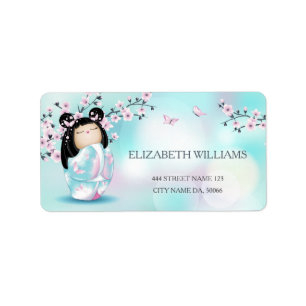 Étiquette Kokeshi Doll Cherry Blossoms