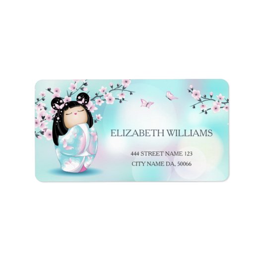 Étiquette Kokeshi Doll Cherry Blossoms (Devant)
