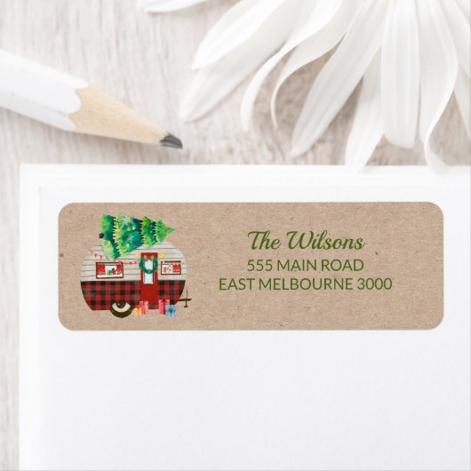 Étiquette Kraft Camper Christmas Tree Adresse de retour (En situation)