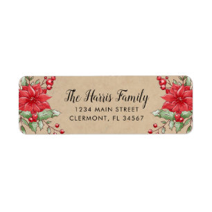 Étiquette Kraft Christmas Poinsettia Holly Berry Label