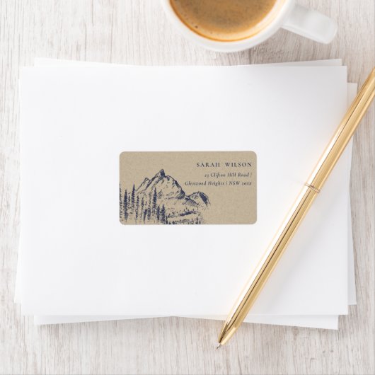 Étiquette Kraft Navy Pine Woods Mountain Sketch Adresse (En situation)
