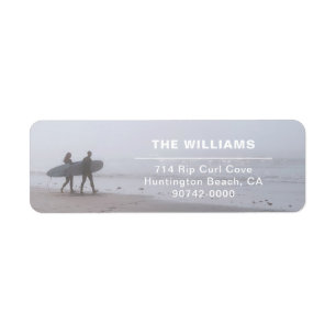 Étiquette Label d'adresse de retour Modern Surfing Couple