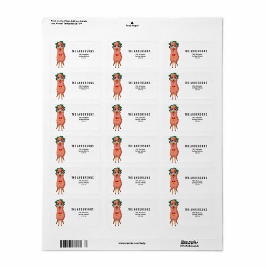 Étiquette lama à Noël (Feuille entière)