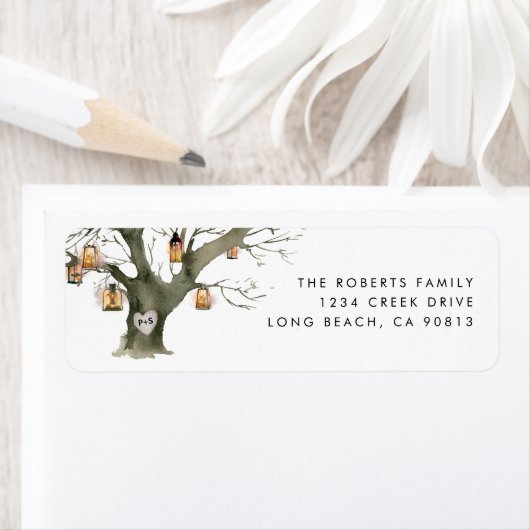 Étiquette Lanternes rustiques Chêne sculpté Vintage (En situation)