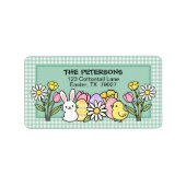Étiquette Lapin de Pâques Poussins Œufs Fleurs Gingham Vert (Devant)