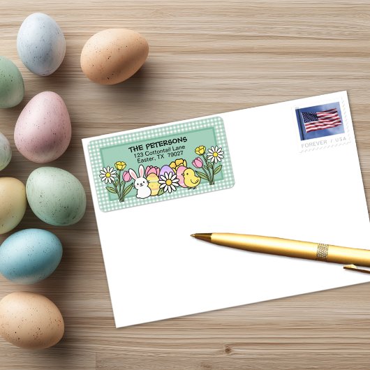 Étiquette Lapin de Pâques Poussins Œufs Fleurs Gingham Vert