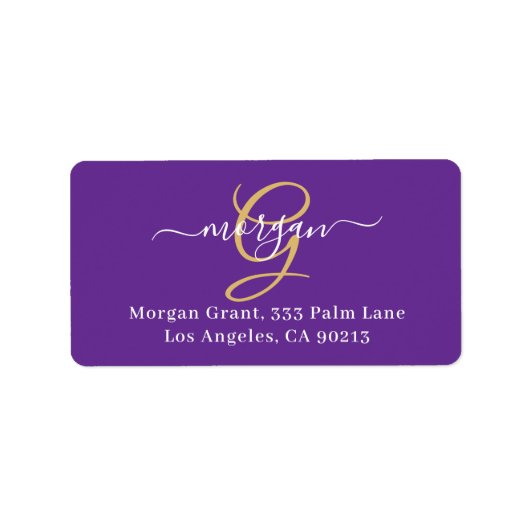 Étiquette Large Gold Monogram, White Script Name, Purple (Devant)