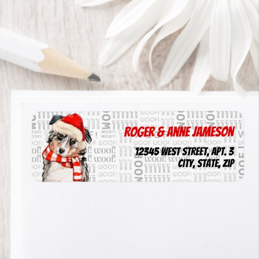 Étiquette Le berger australien de Noël avec son nom (En situation)