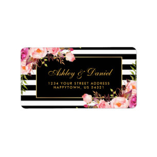 Étiquette Le noir rose floral d'or barre le mariage