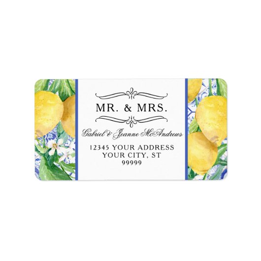 Étiquette Lemon Foliage Citrus Floral Wreath Blue White Tile (Devant)