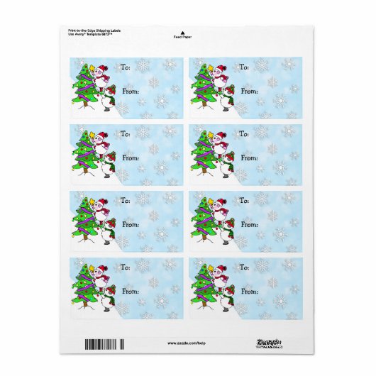 Étiquette Les neigeurs de Noël décorent l'arbre à destinatio (Feuille entière)