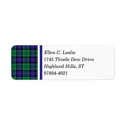 Étiquette Leslie Clan Royal Blue et Green Scottish Tartan (Devant)