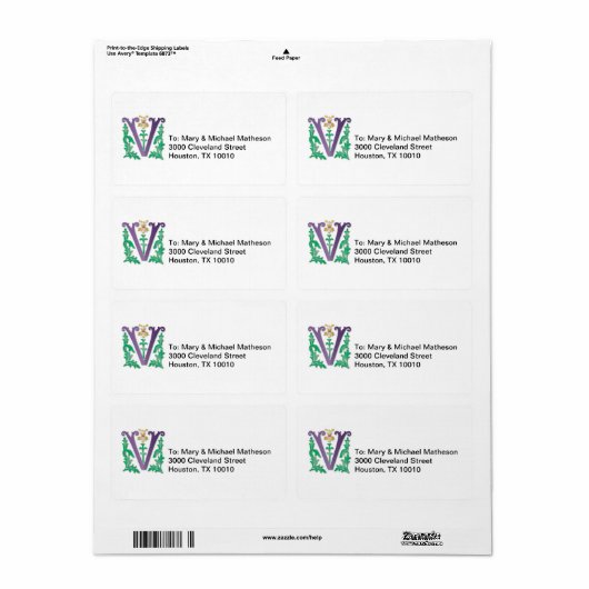 Étiquette Lettre V Monogramme (Feuille entière)