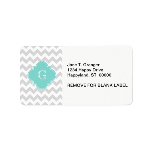 Étiquette Light Gray White Chevron Aqua Quatrefoil monogram (Devant)