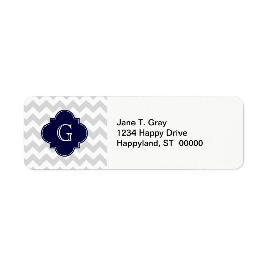 Étiquette Light Gray White Chevron Navy Quatrefoil Monogram (Devant)