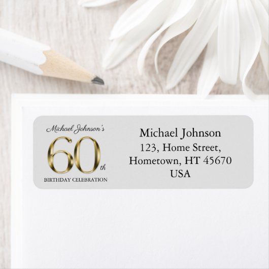 Étiquette Light Grey 60th Birthday Gold Texte Adresse de ret (En situation)