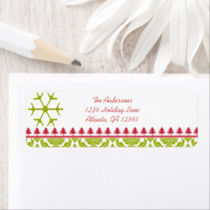Étiquette Lime Damask Red Pines Snowflake Adresse de retour