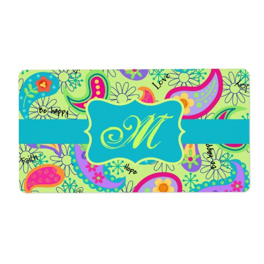 Étiquette Lime Vert Turquoise Moderne Paisley Monogramme (Devant)