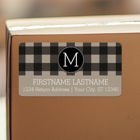 Étiquette Lin rustique Bison noir Plaid en vichy Monogramme