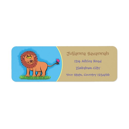 Étiquette Lion drôle, heureux avec dessin animé de papillon (Devant)