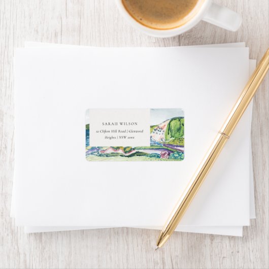 Étiquette Lively Mountain Scape Blush Aquarelle Adresse (En situation)