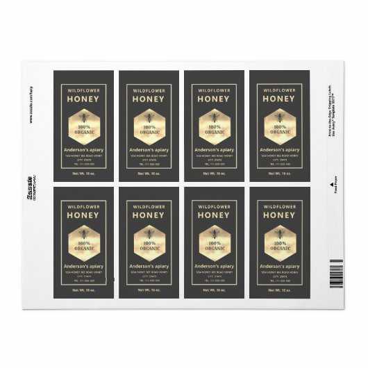 Étiquette Logo doré moderne de pot de miel d'abeille (Feuille entière)