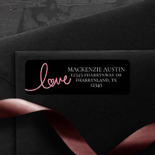 Étiquette Love Heart Script   Adresse moderne rose et noir