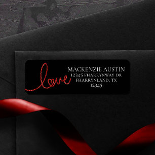 Étiquette Love Heart Script   Adresse moderne rouge et blanc