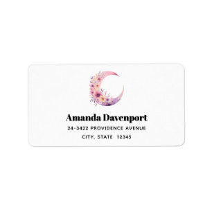Étiquette Lune rose Croissant avec Jolie Fleurs Adresse