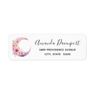 Étiquette Lune rose Croissant avec Jolie Fleurs Adresse