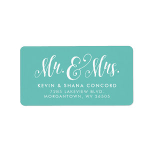 Étiquette M. et Mme newlysée adresse turquoise de retour